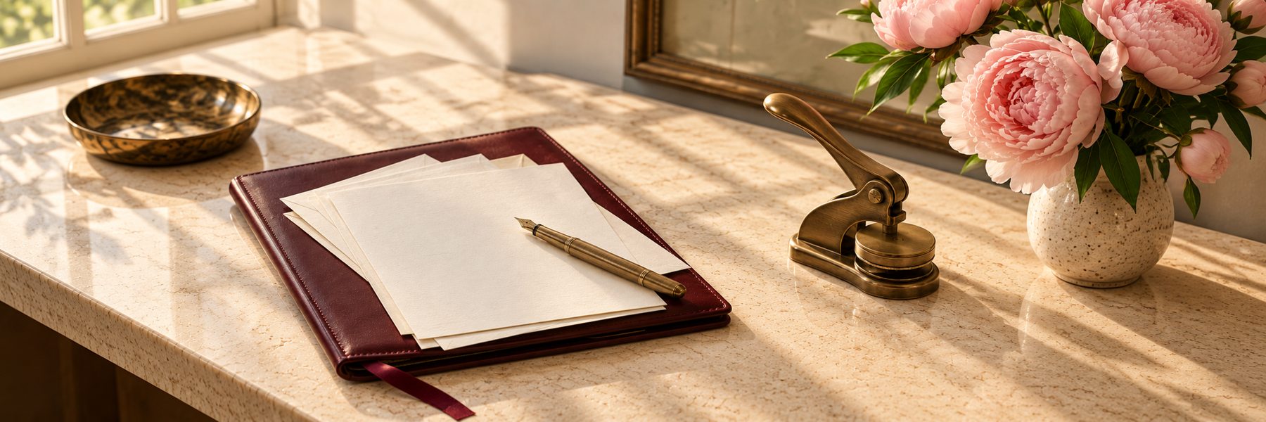 A burgundy document folio, ivory papers, a brass pen and notary embosser beside blush flowers in natural light